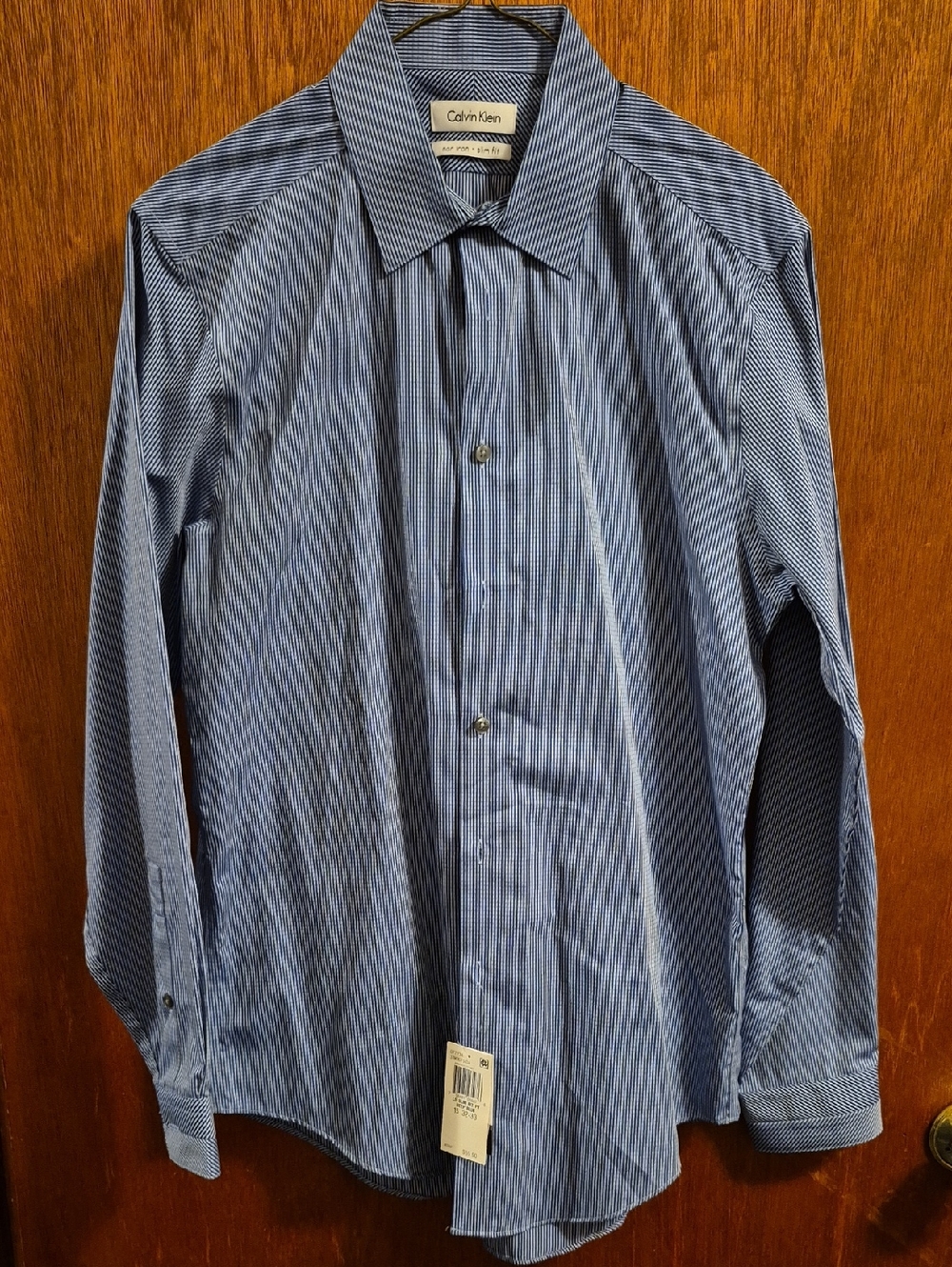 Calvin Klein Men's Navy and White Micro-Striped Dress Shirt Size 15 32/33